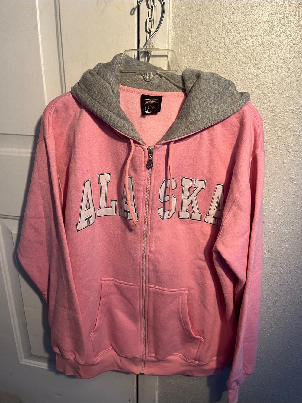 Pink Zip-Up Hoodie with Gray Hood and 'ALASKA' Chest Print